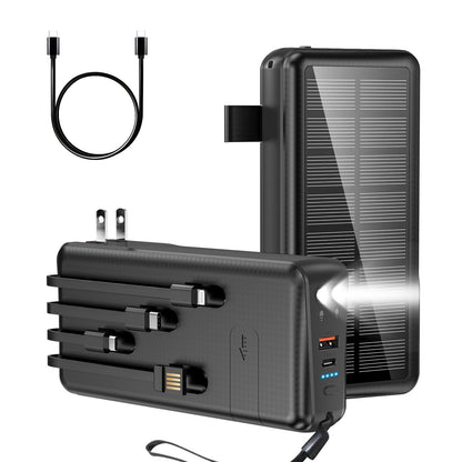 Portable Charger with Built in Cable and Wall Plug 50000mAh PD30W Fast Charging Solar Power Bank with 5 Output & 2 Input Dual LED Flashlights Phone Holder External Battery Pack (Black)