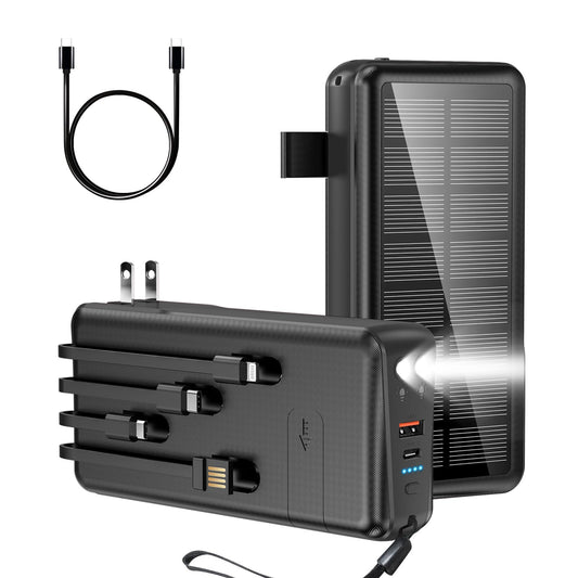 Portable Charger with Built in Cable and Wall Plug 50000mAh PD30W Fast Charging Solar Power Bank with 5 Output & 2 Input Dual LED Flashlights Phone Holder External Battery Pack (Black)