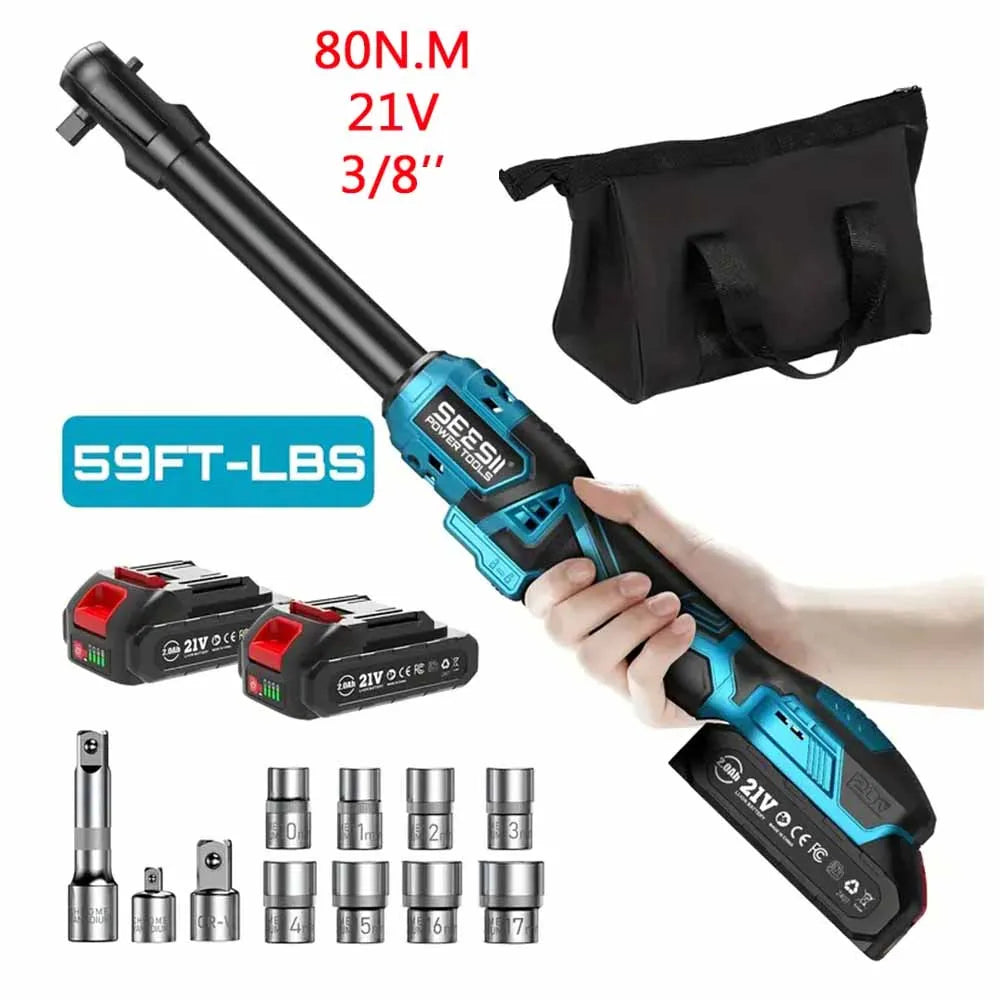 Seesii 3/8" Cordless Ratchet Wrench 80Nm 400RPM Brushless Electric Wrench 8 Sock