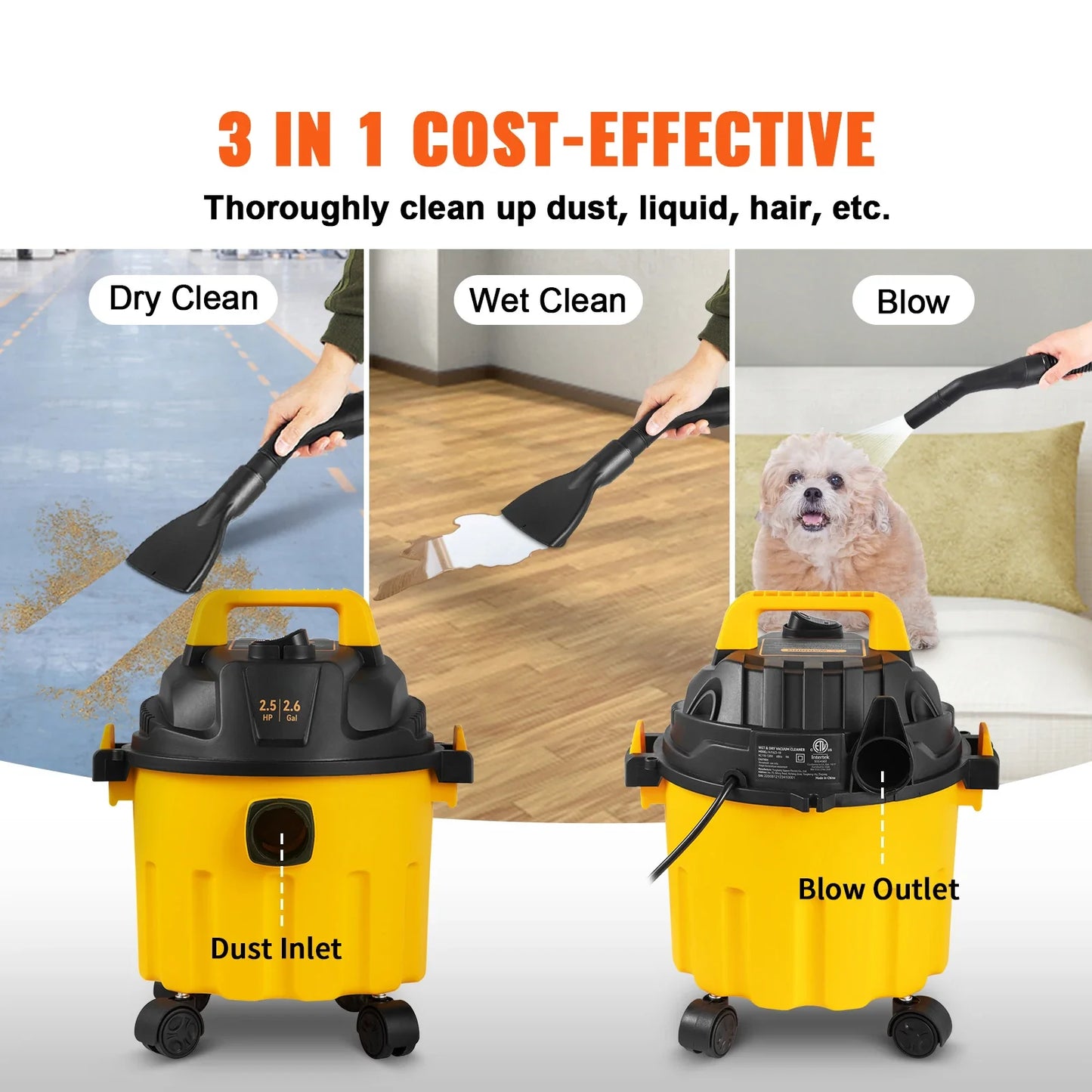 Wet Dry Vac 2.6 Gallon 2.5 Peak HP 3 in 1 Portable Shop Vacuum with Blowing Function,  Attachment Storage
