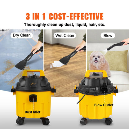 Wet Dry Vac 2.6 Gallon 2.5 Peak HP 3 in 1 Portable Shop Vacuum with Blowing Function,  Attachment Storage