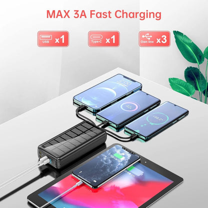 Portable Charger with Built in Cable and Wall Plug 50000mAh PD30W Fast Charging Solar Power Bank with 5 Output & 2 Input Dual LED Flashlights Phone Holder External Battery Pack (Black)