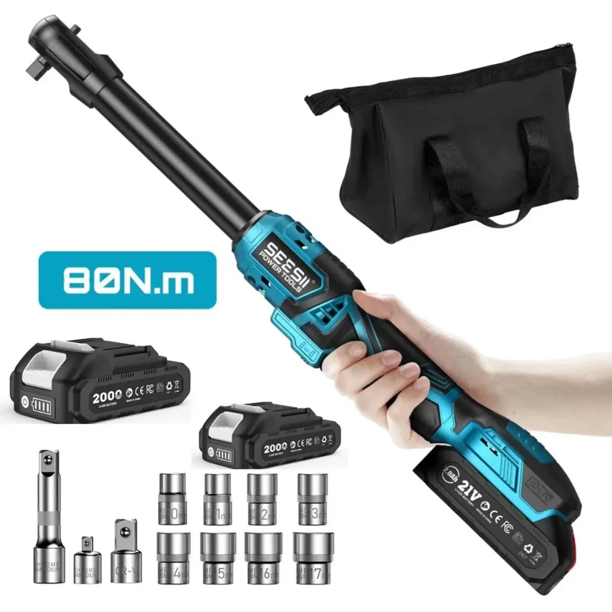 Seesii 3/8" Cordless Ratchet Wrench 80Nm 400RPM Brushless Electric Wrench 8 Sock