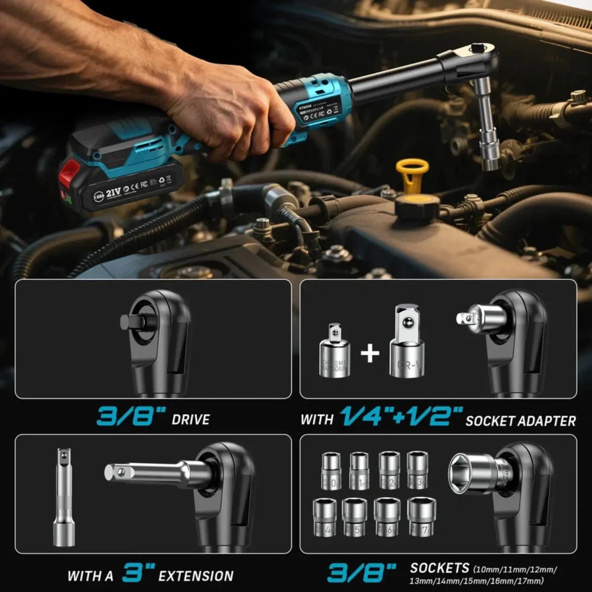 Seesii 3/8" Cordless Ratchet Wrench 80Nm 400RPM Brushless Electric Wrench 8 Sock